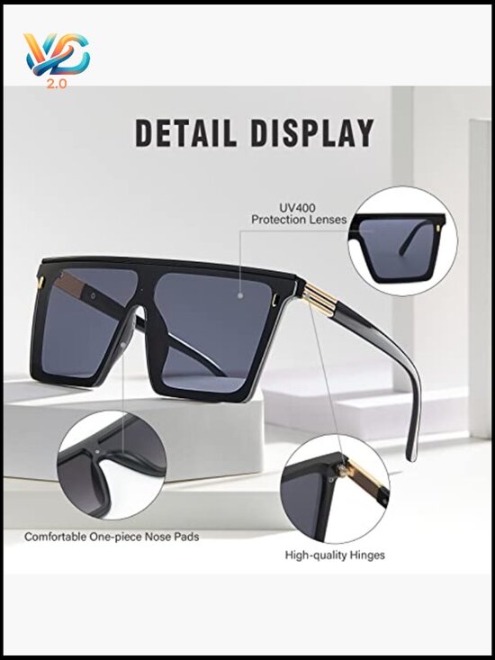 Square Oversized Sunglasses Trendy Flat Top Black Gold UV400 Protection Unisex main image 4